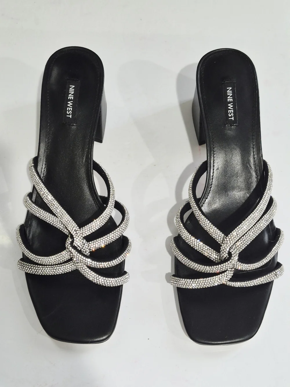 Nine West Black Heeled Slide Sandals with Silver Crystal Straps Size 12